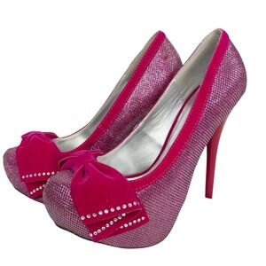 Qupid NWOB Hot Pink Metallic Dazzle Rhinestone Bow Stiletto Heels Size 7.5